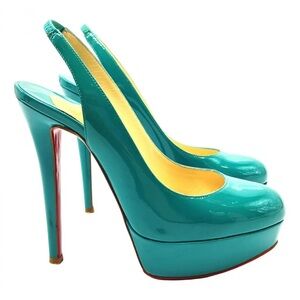 Christian Louboutin Bianca Turqouise Leather Peep Toe Platform Slingback Sandals